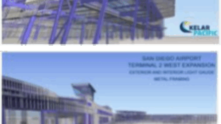 A model of the outside of the airport terminal in grey and purple