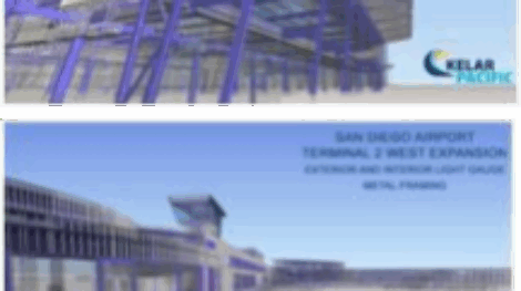 A model of the outside of the airport terminal in grey and purple