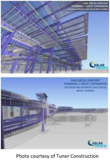 A model of the outside of the airport terminal in grey and purple