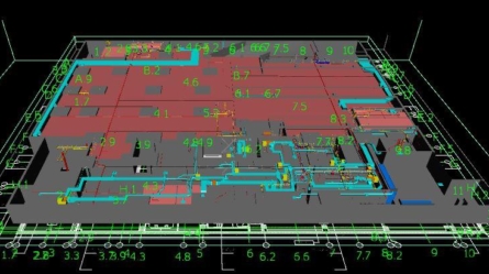 A 3d model of a floor plan in red and grey.