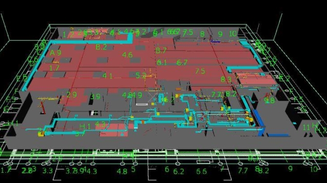 A 3d model of a floor plan in red and grey.