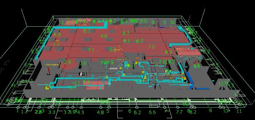 A 3d model of a floor plan in red and grey.