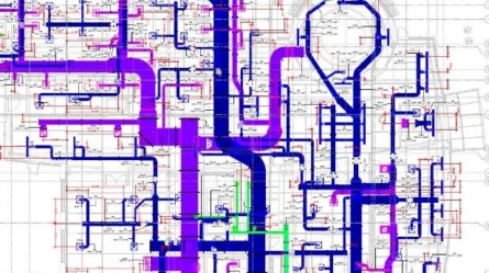 Model of pipe layout and coordination in blue and purple.