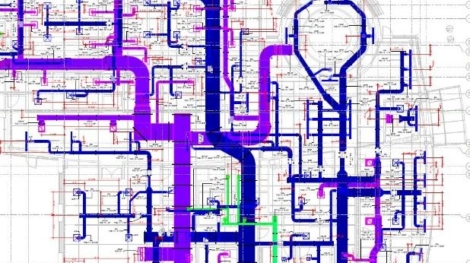 Model of pipe layout and coordination in blue and purple.