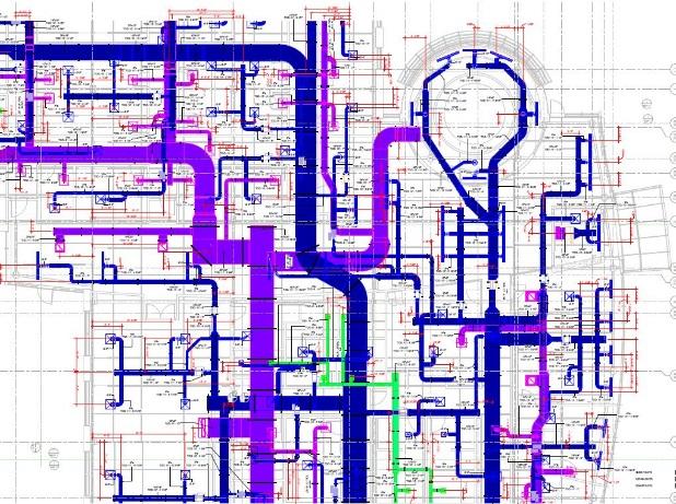 Model of pipe layout and coordination in blue and purple.