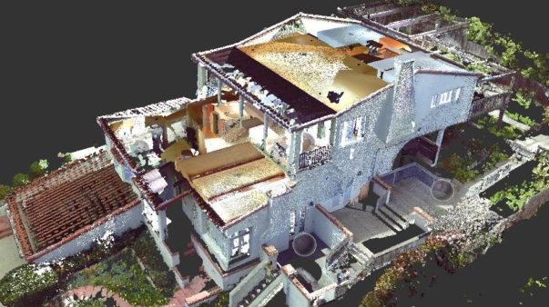 A 3D rendering of a residential home and the property surrounding it.