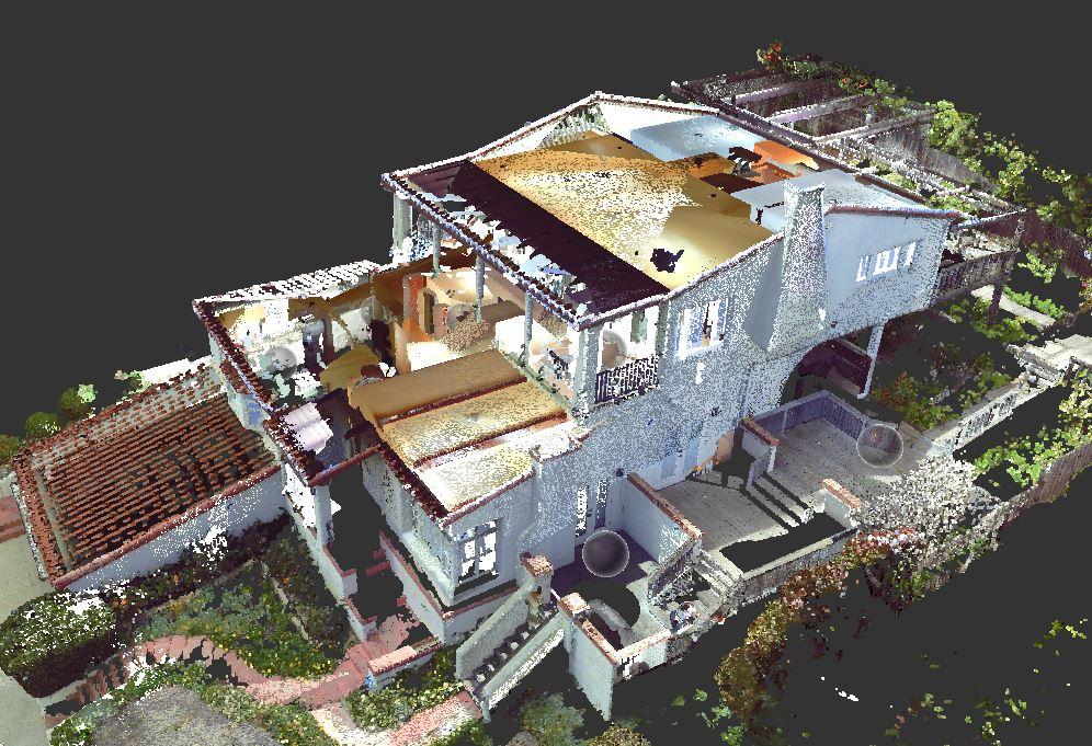A 3D rendering of a residential home and the property surrounding it.