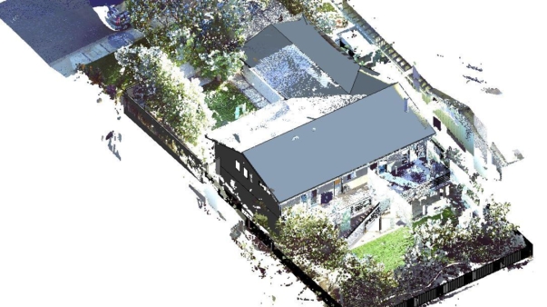 A 3D rendering of a residential home, and the fenced territory around it.