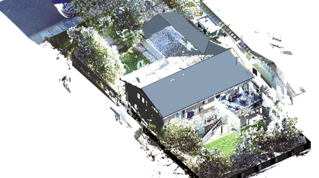 A 3D rendering of a residential home, and the fenced territory around it.