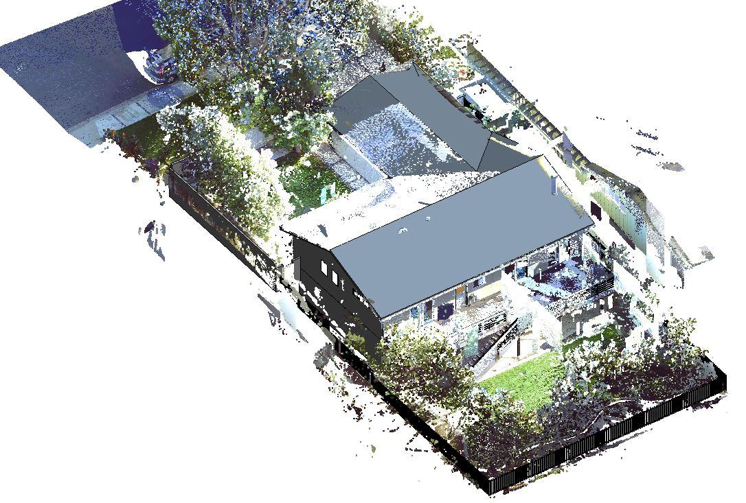 A 3D rendering of a residential home, and the fenced territory around it.