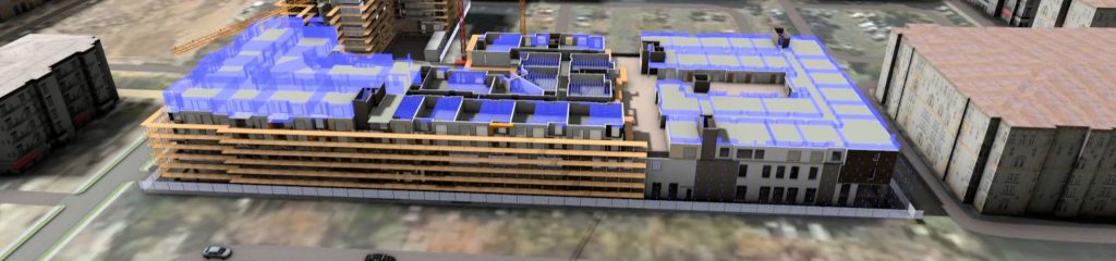 example of scheduling the construction of a building showing scaffolding and concrete pours for each level.