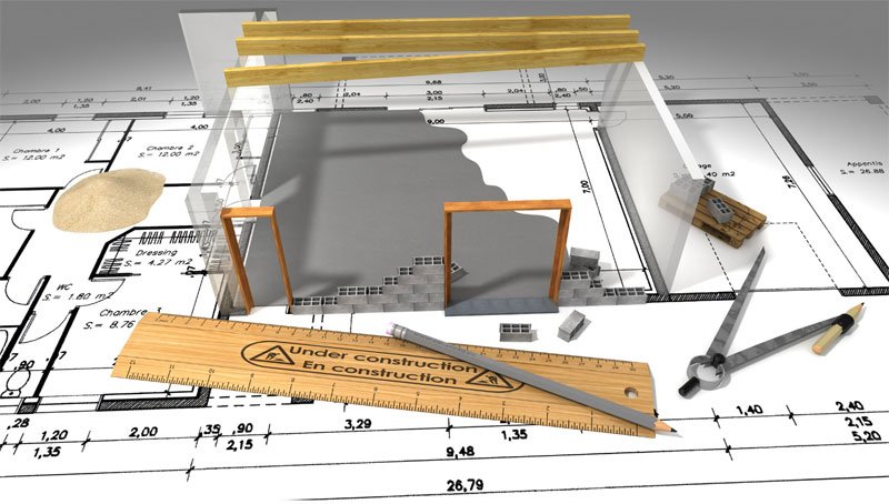 image of printed plans and pieces of construction growing out of the plans