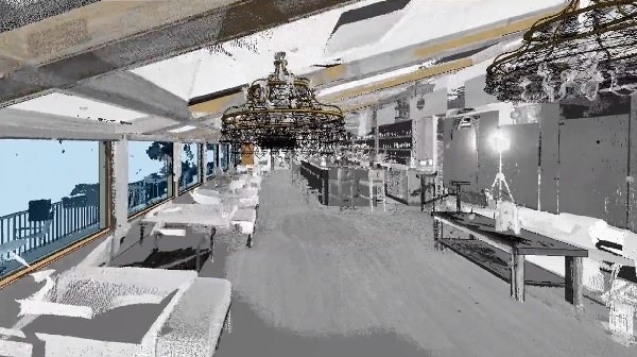image of a laser scanned point cloud combined with the BIM model of a restaurant to be remodeled.